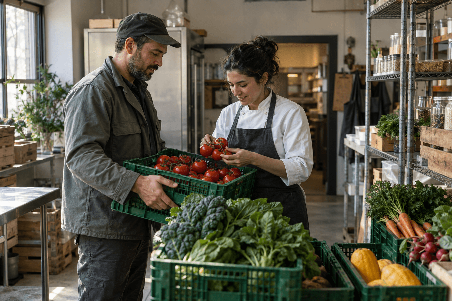 Cocinera revisando verduras frescas con un proveedor en la recepción de insumos. Imagen editorial generada con IA.