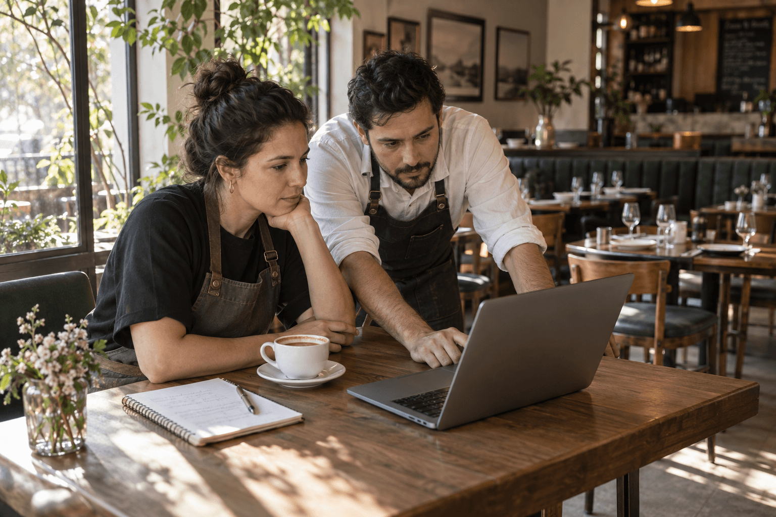 Equipo de un restaurante revisando la operación en un computador antes de abrir. Imagen editorial generada con IA.